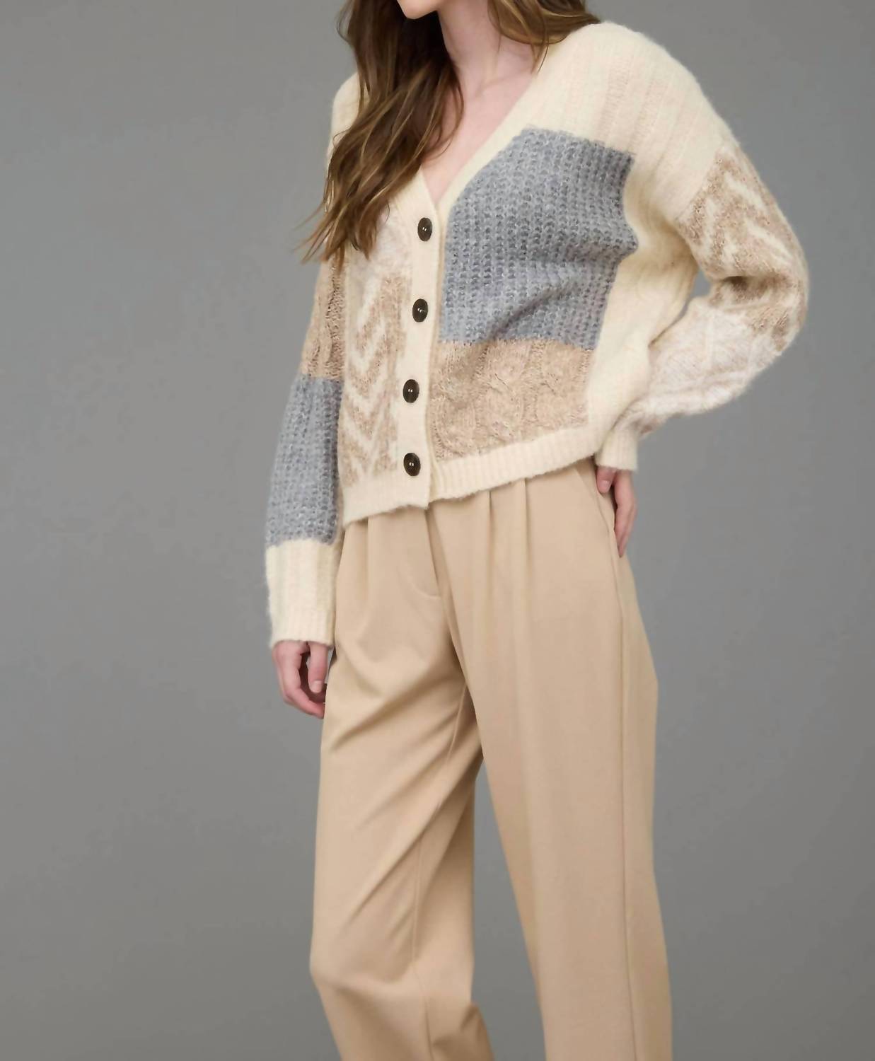 Blu Pepper - V Neck Patchwork Cardigan