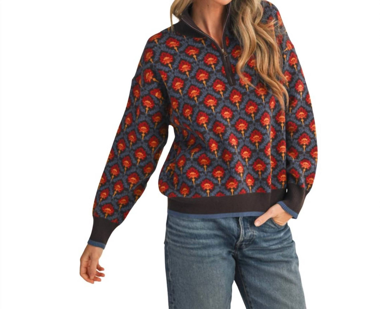 &Merci - Floral Mock Neck Half Zip Pullover