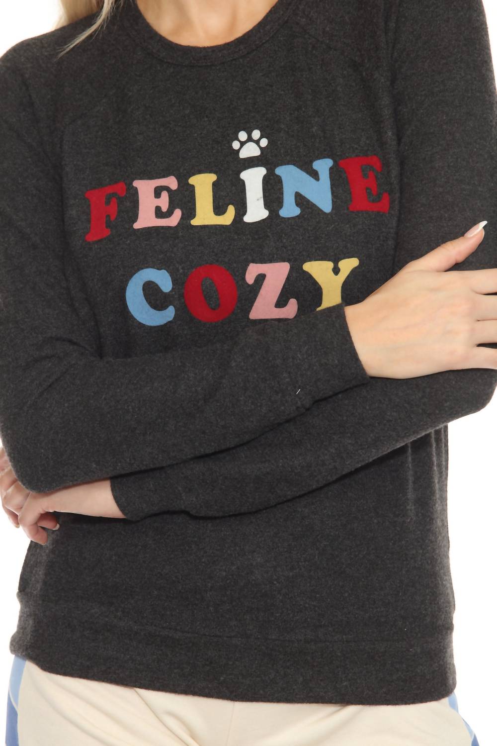 Pj Salvage - Women's Heather Slate Feline Cozy Flannels Lounge Top
