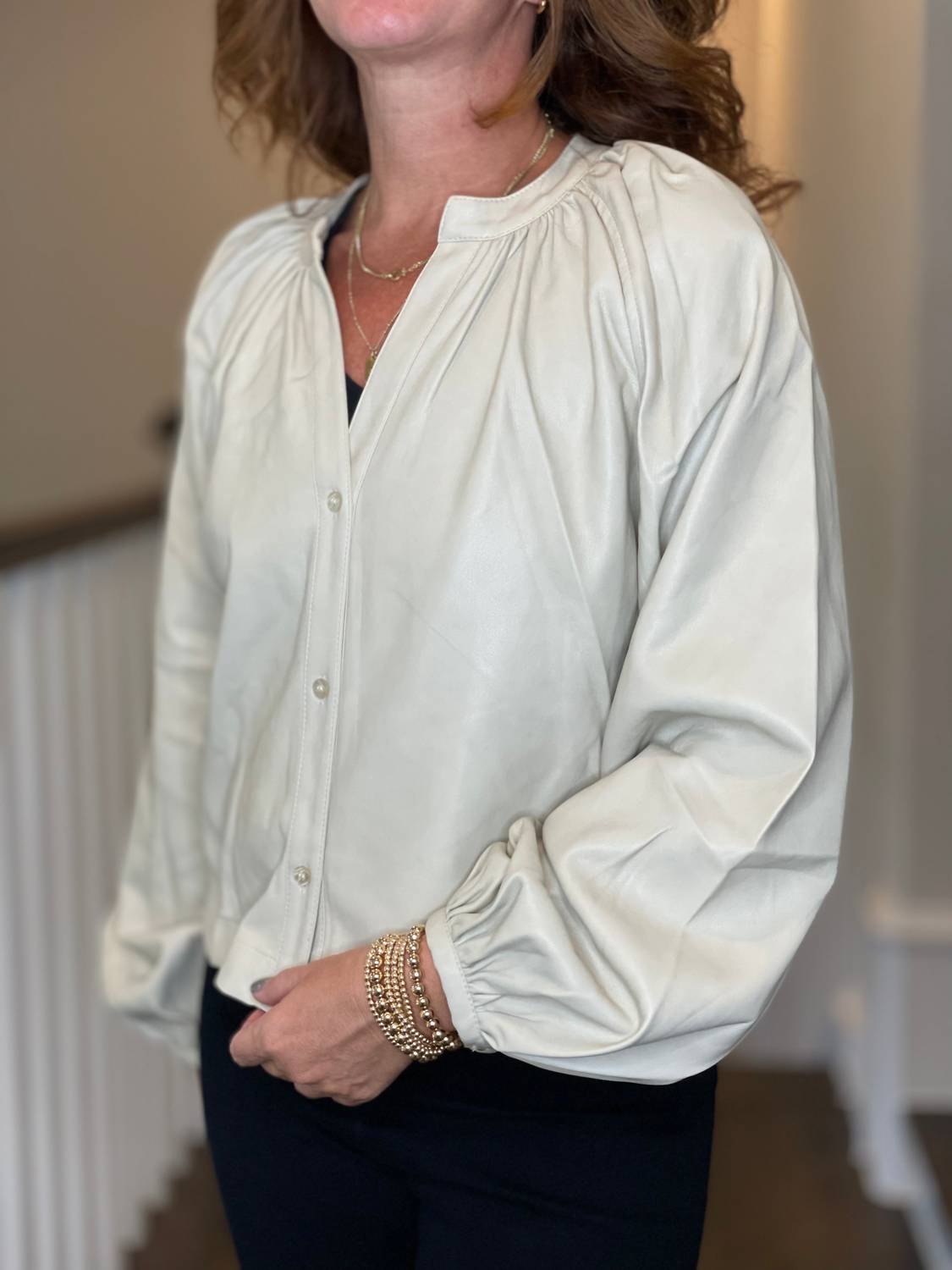 Dolce Cabo - Vegan Leather Button Down Peasant Top