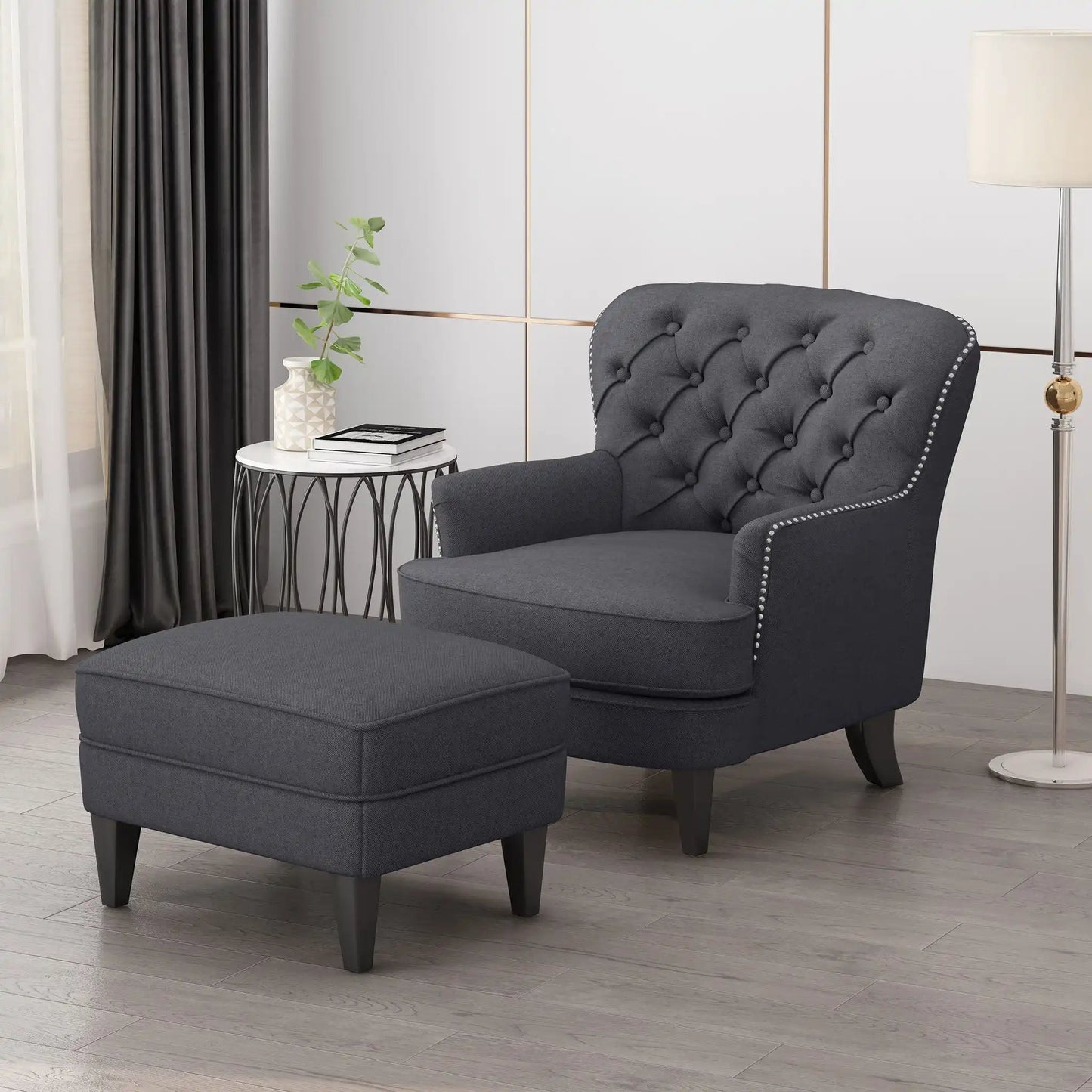 Enchante Living Room Set With Tufted Back Club Chair And Ottoman
