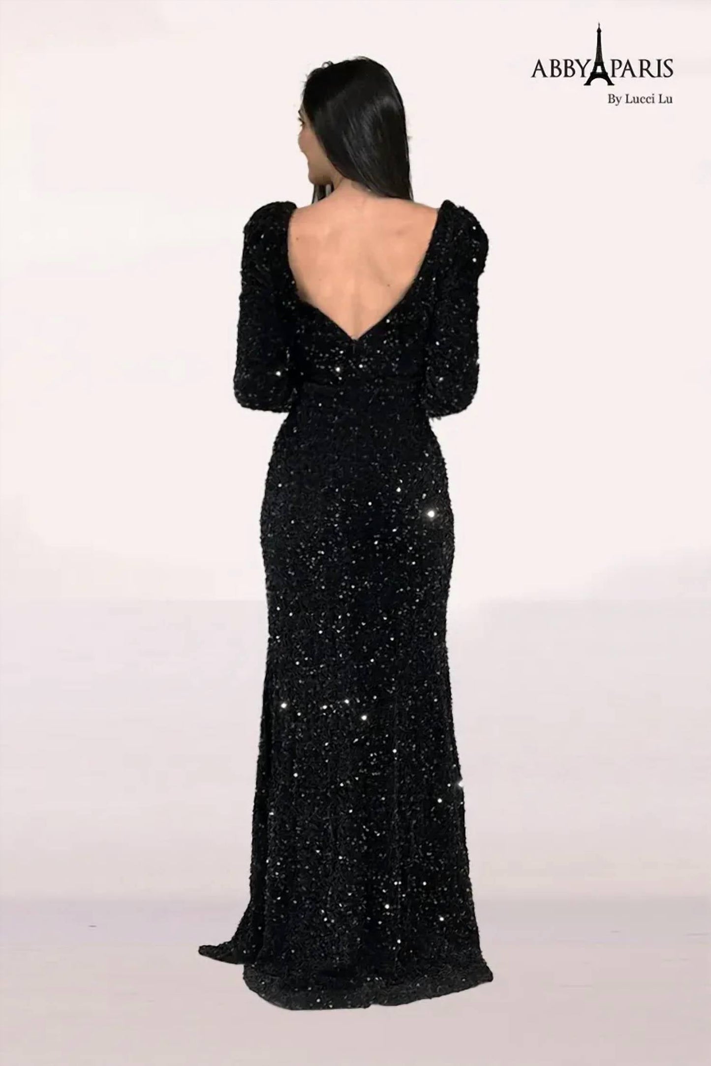 Abby Paris - Women's Sequin Feather Long Sleeve Gown