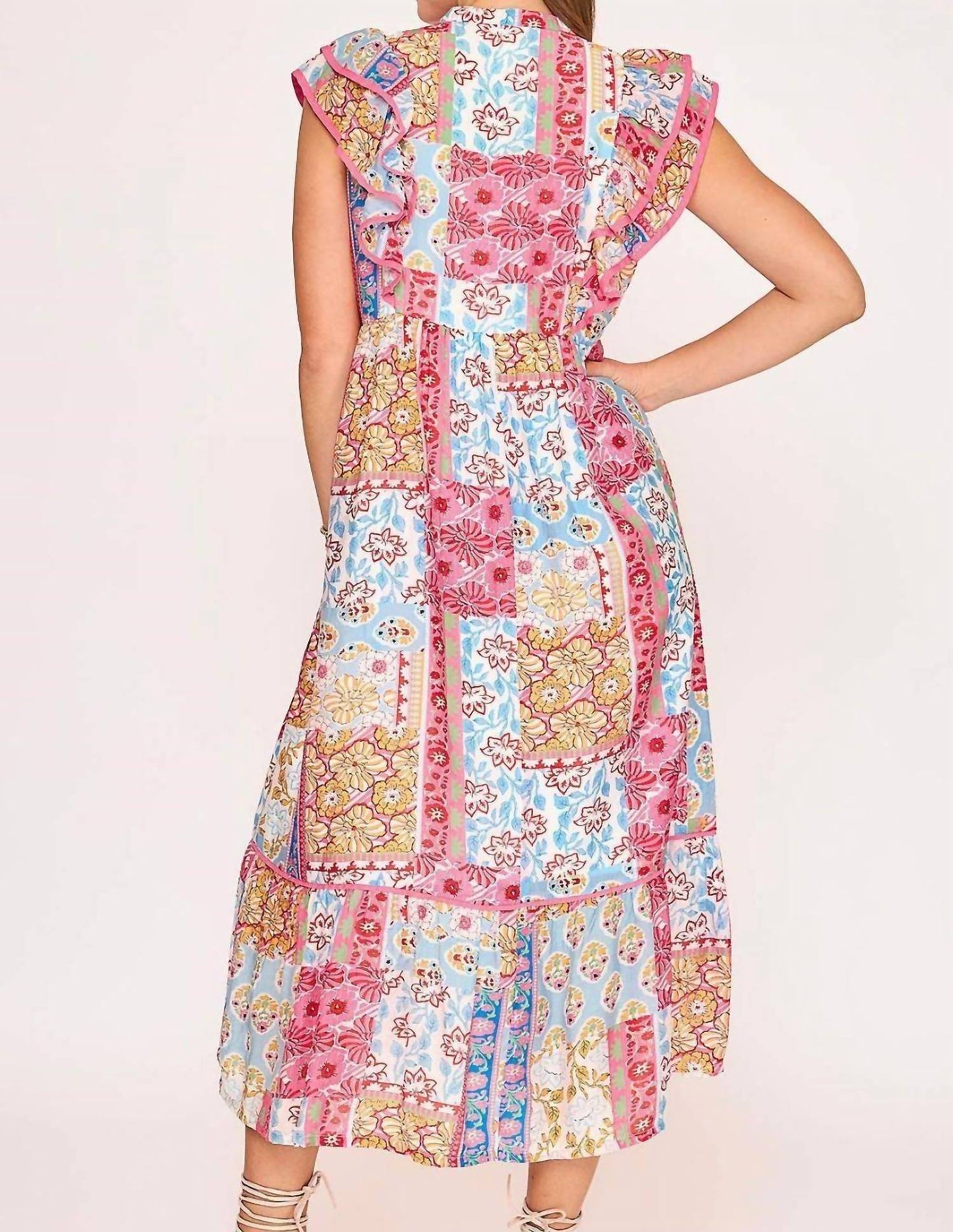 Trendsi - Umgee Full Size Tie Neck Double Layered Ruffle Sleeve Midi Dress Plus Size