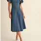 Klesis - Denim Puff Sleeve A-Line Midi Dress
