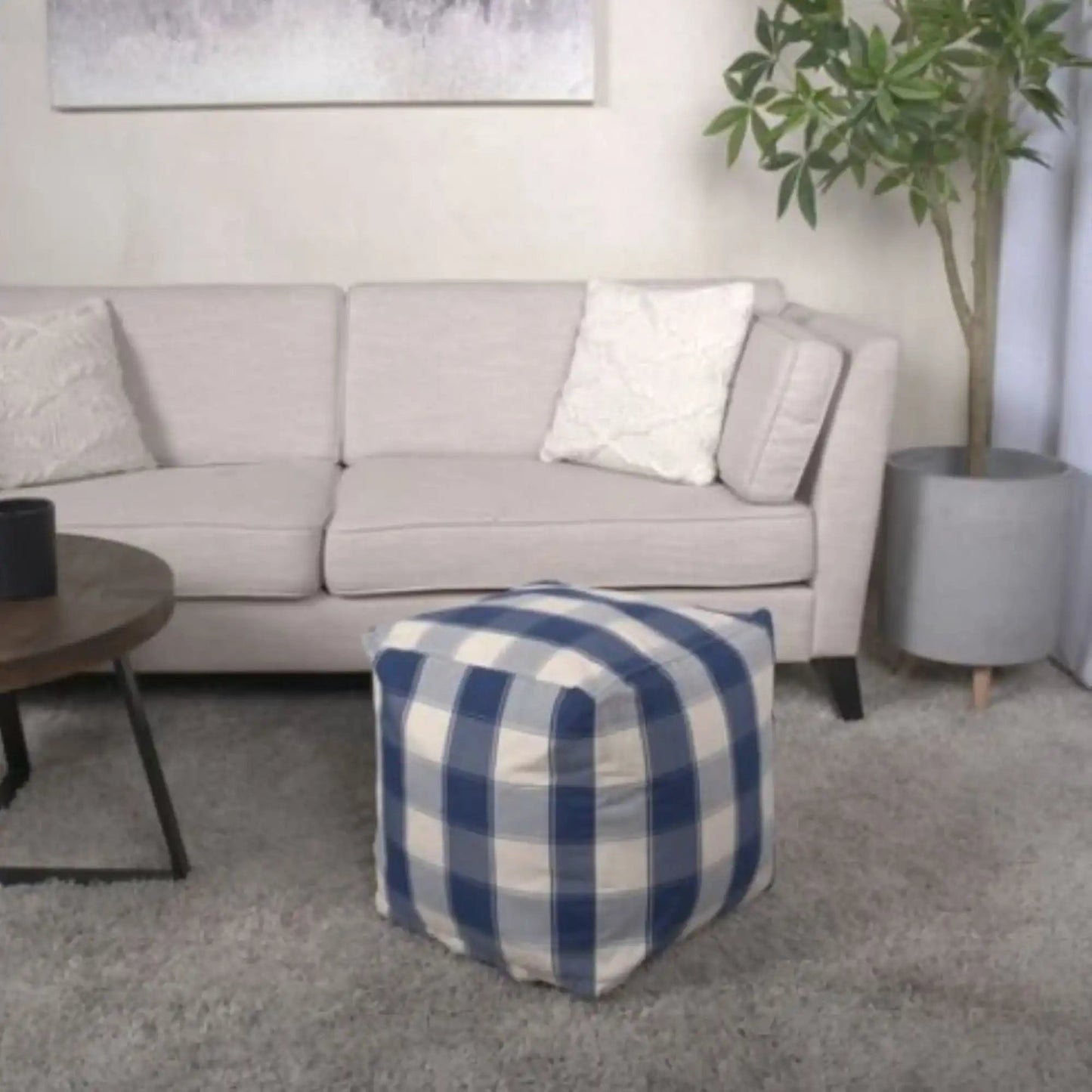Connor Checkered Square Pouf Ottoman and Floor Cushion Ivory Navy