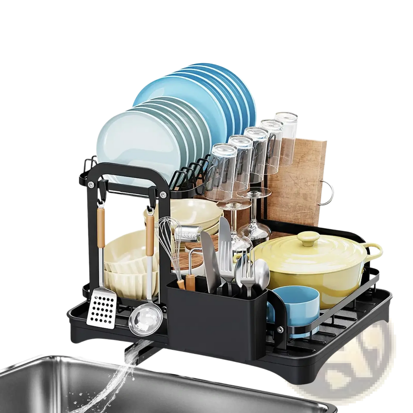 2-tier Dish Drying Rack with Automatic Drainage System