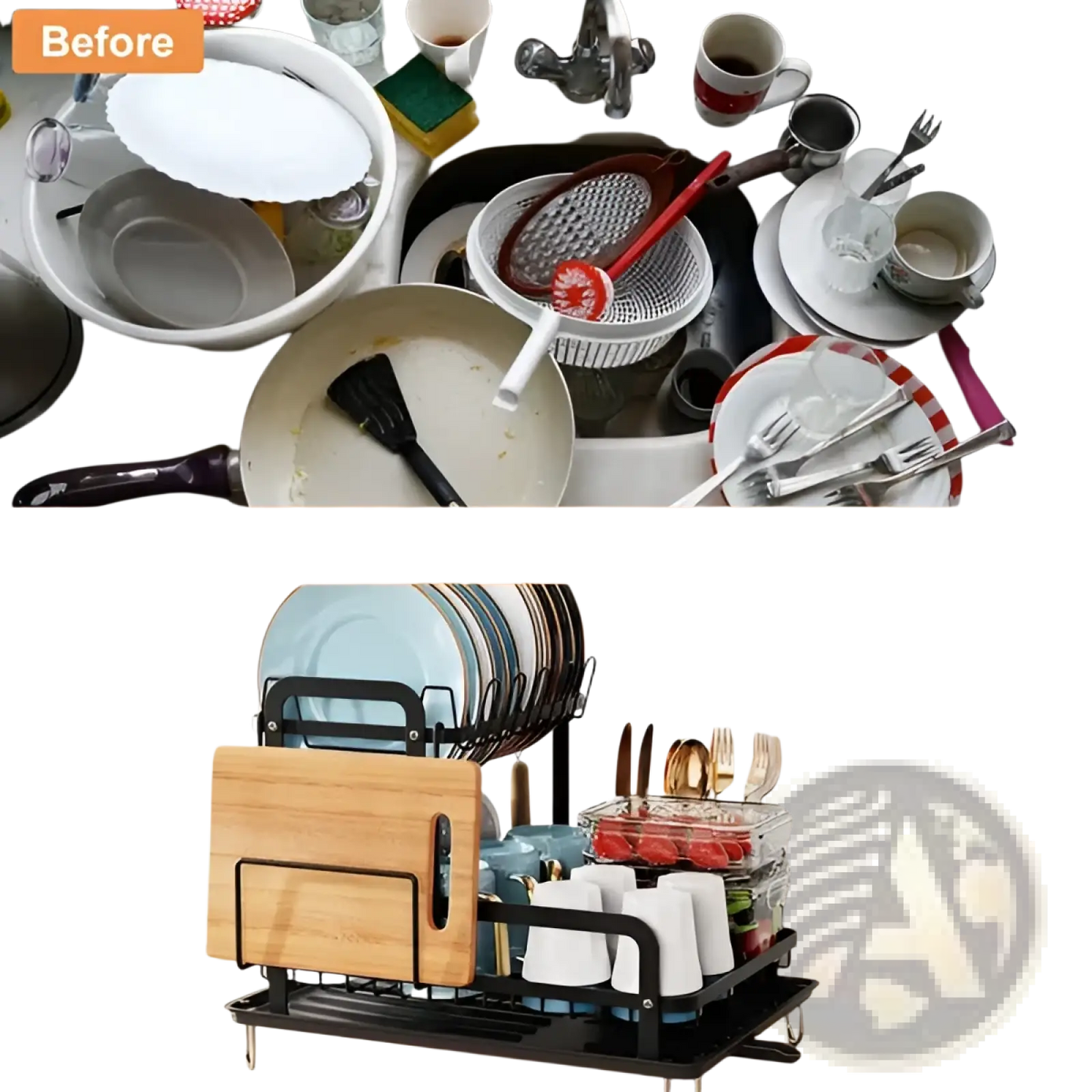 2-tier Dish Drying Rack with Drainboard and Wood Board