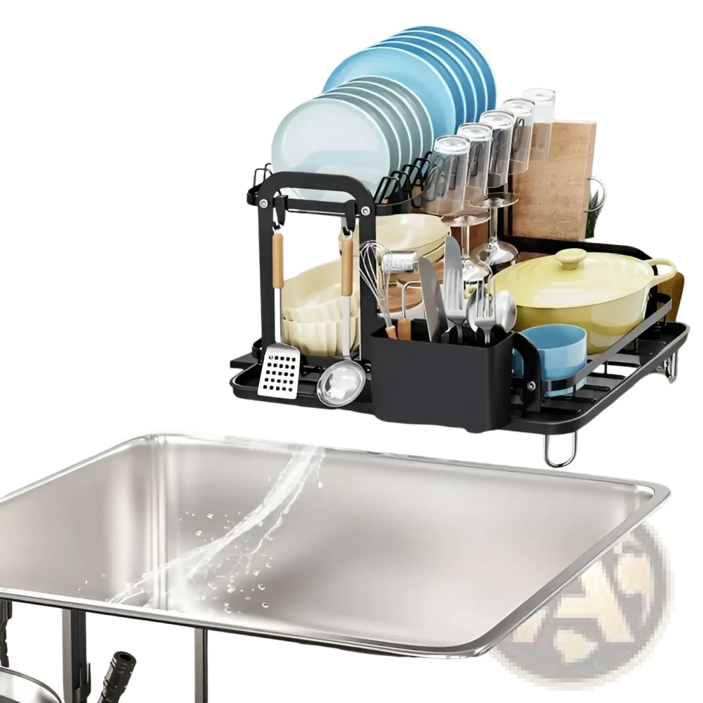2-tier Dish Drying Rack with Drainboard and Wood Board