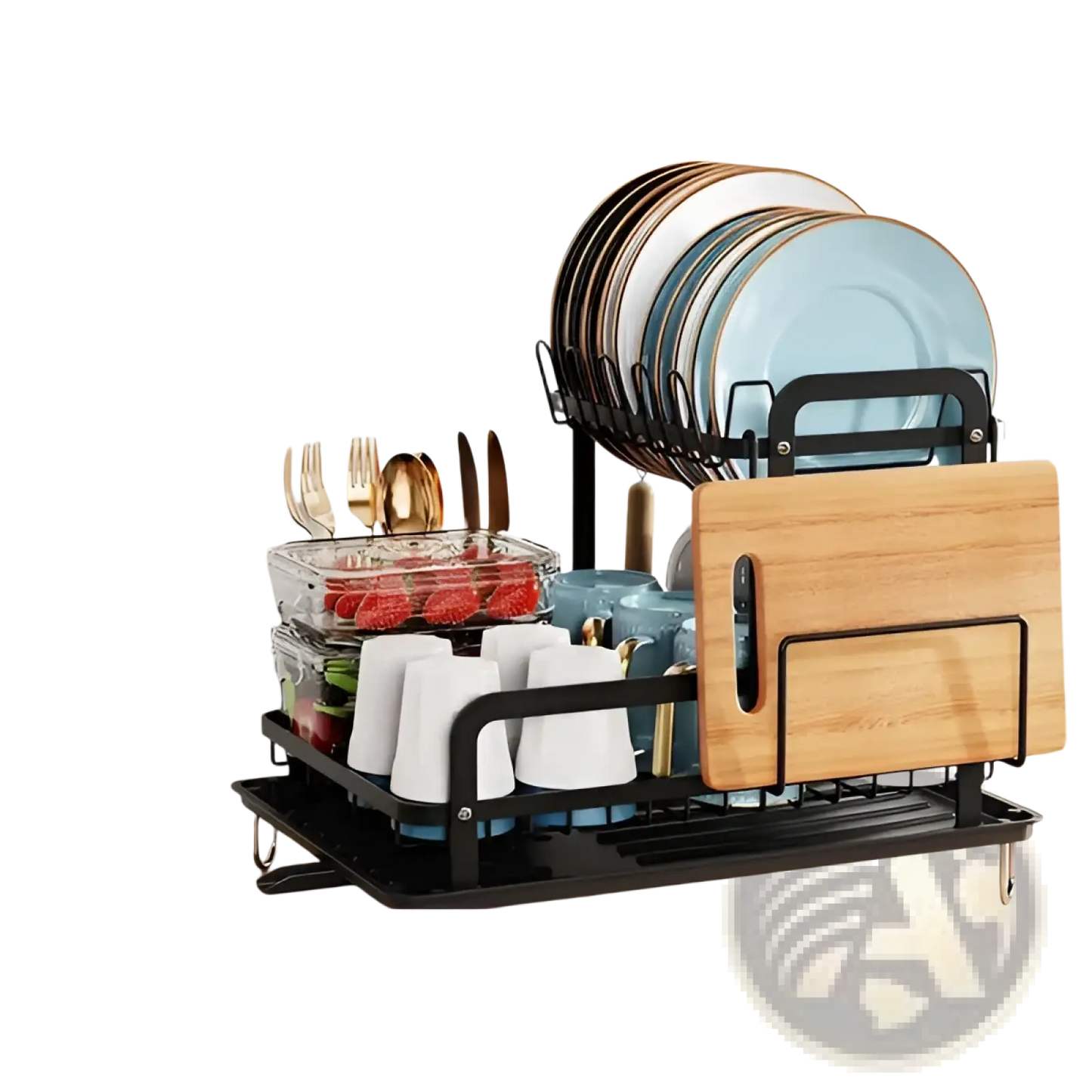 2-tier Dish Drying Rack with Drainboard and Wood Board