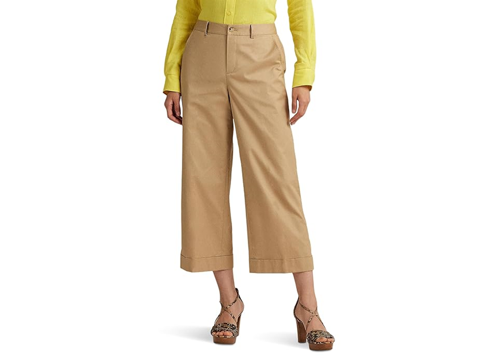 Lauren Ralph Lauren Women's Pleated Cotton Twill Cropped Pants Birch Tan Size 16