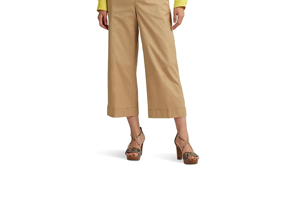 Lauren Ralph Lauren Women's Pleated Cotton Twill Cropped Pants Birch Tan Size 16