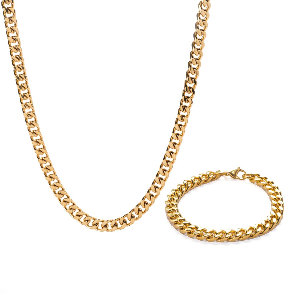 invicta-jewelry-stainless-steel-curb-link-bracelet-necklace-set
