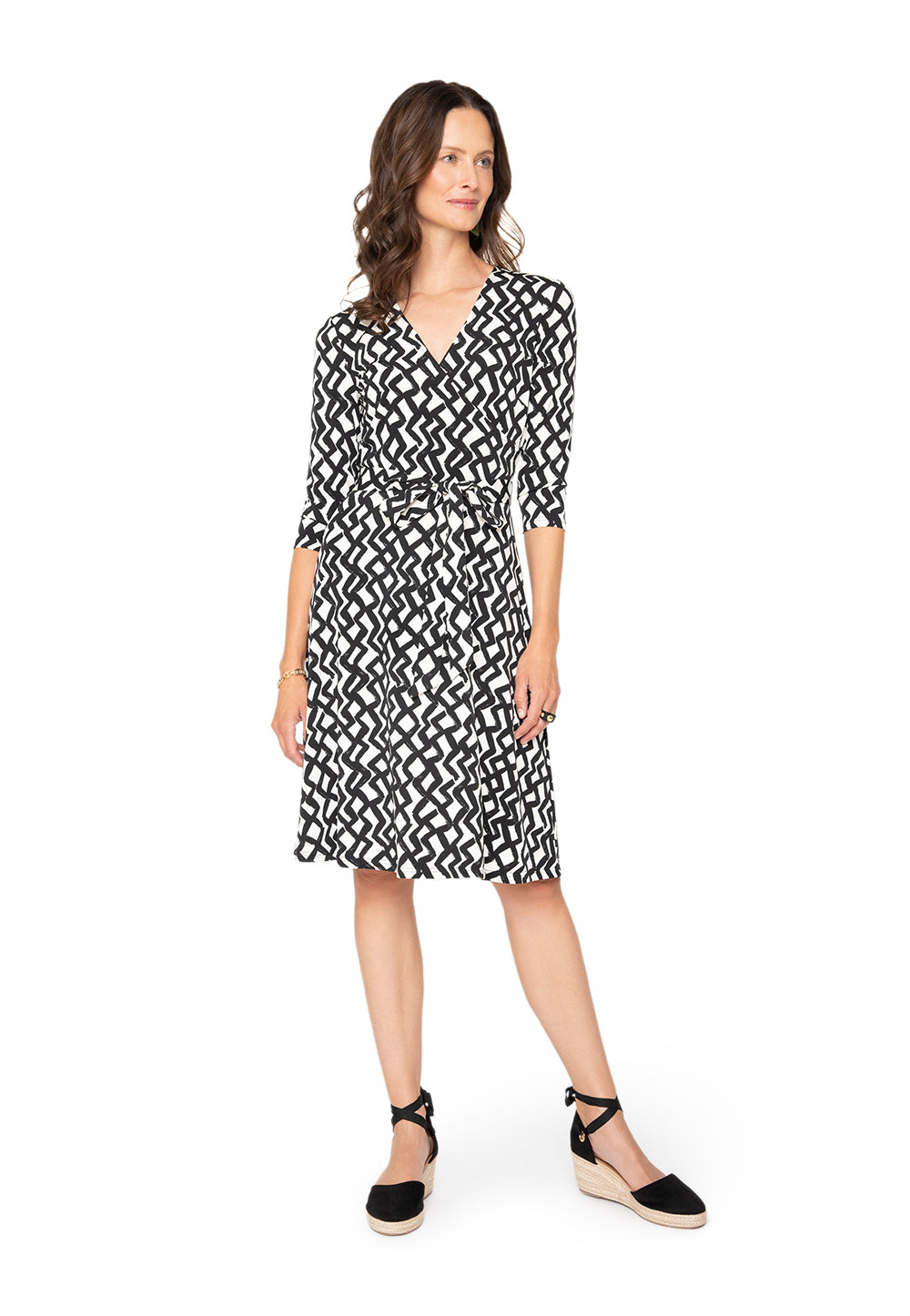 Leota's Women Wrap 3/4 Sleeve Dress Zig Zag Black White
