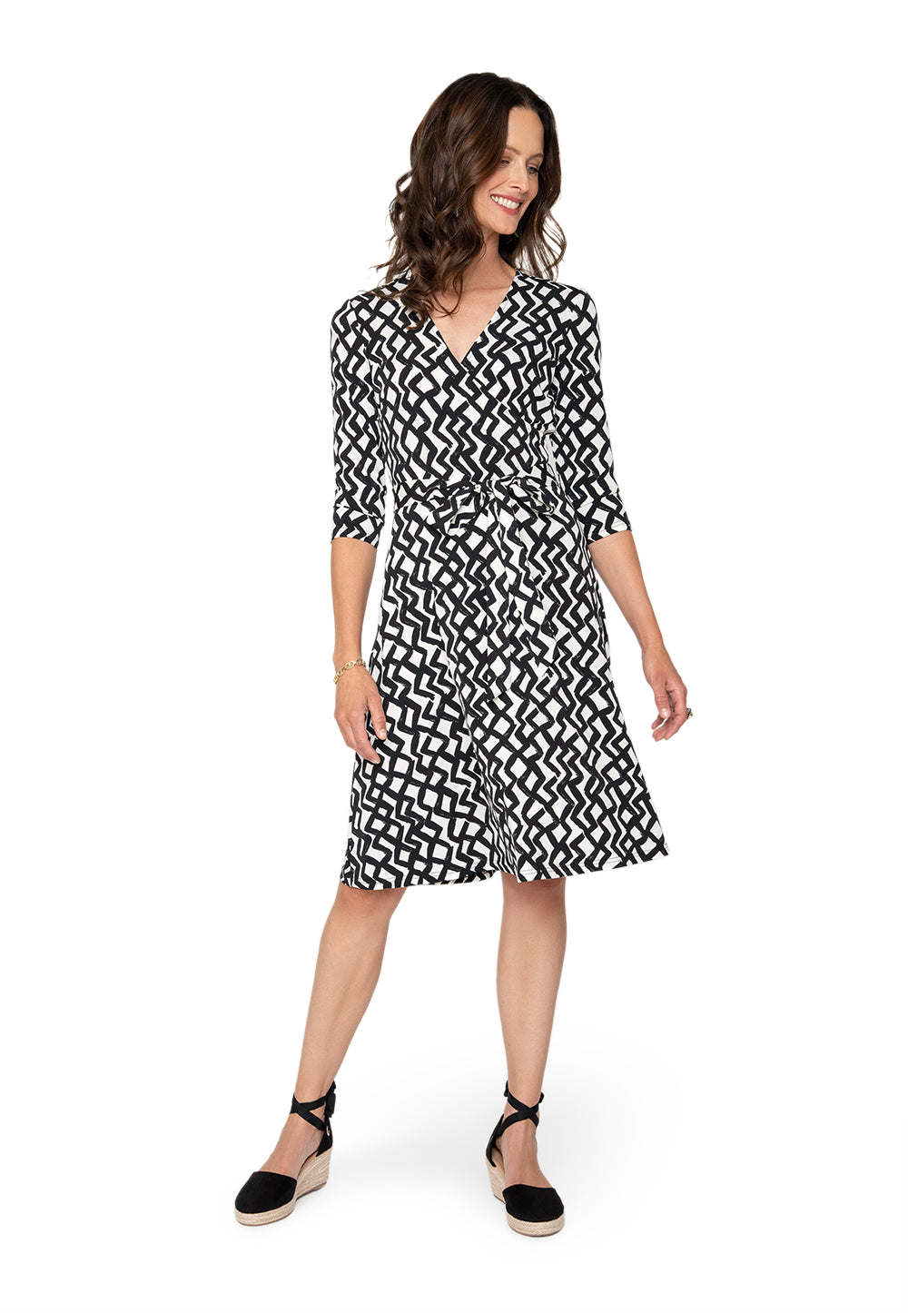 Leota's Women Wrap 3/4 Sleeve Dress Zig Zag Black White