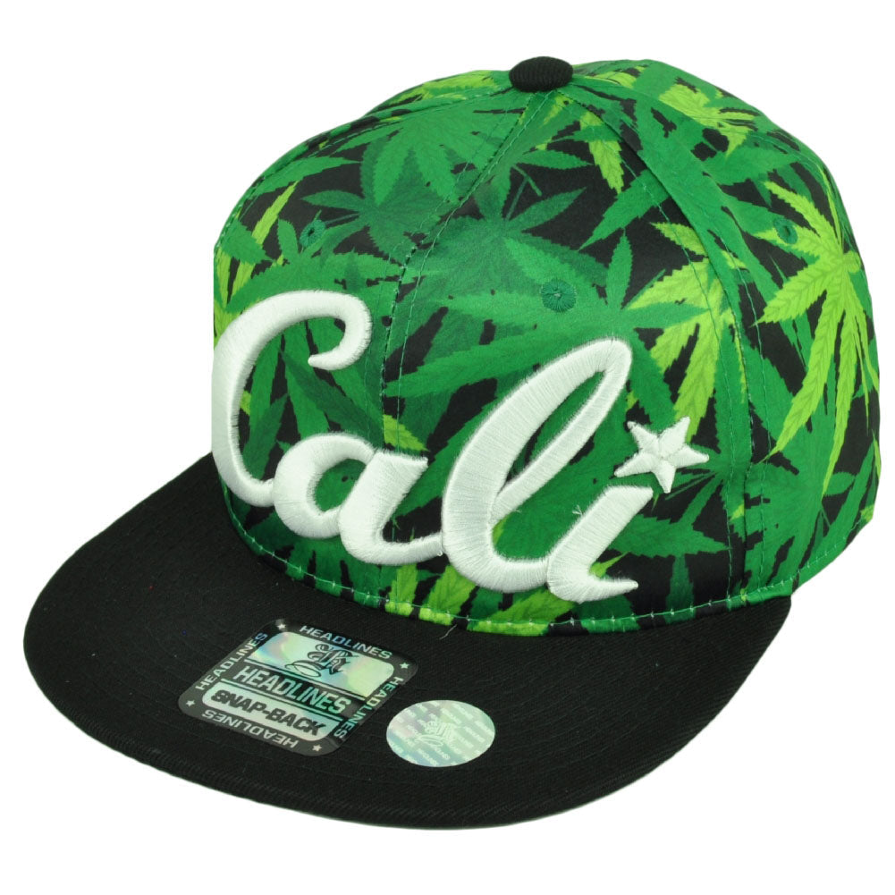 Cali California Marijuana Green Floral Crown Black Flat Hat Cap Snapback Satin