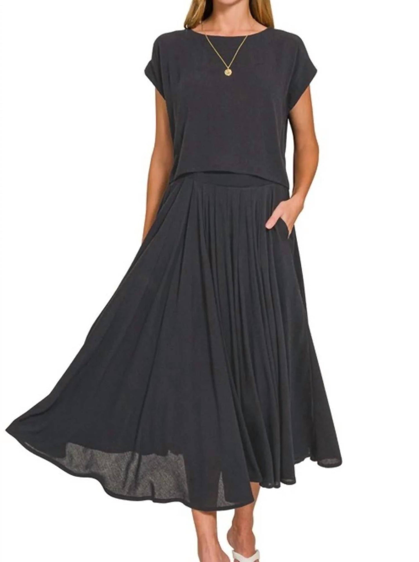 Trendsi - Zenana Woven Crinkle Gauze Crop Tee and Skirt Set