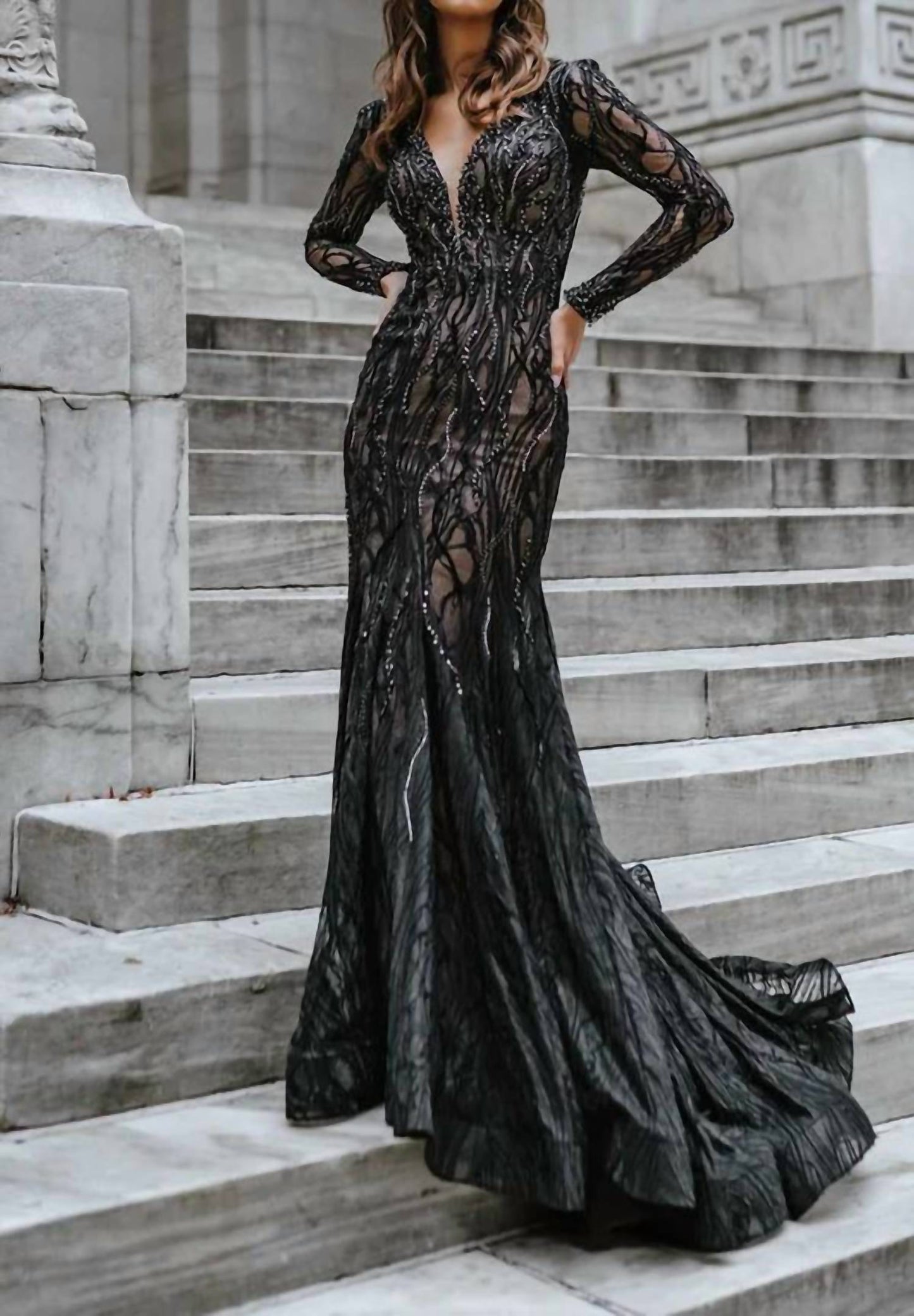 Mac Duggal - Beaded Illusion Long Sleeve Mermaid Gown