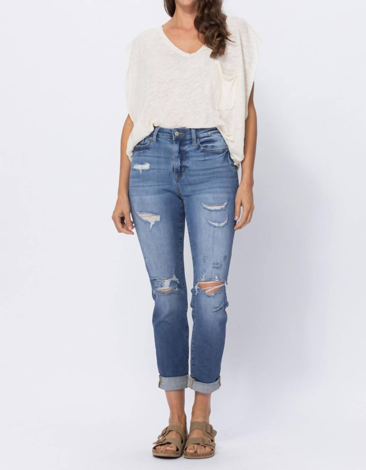 Judy Blue - High Waist Cuffed Distressed Boyfriend Jeans