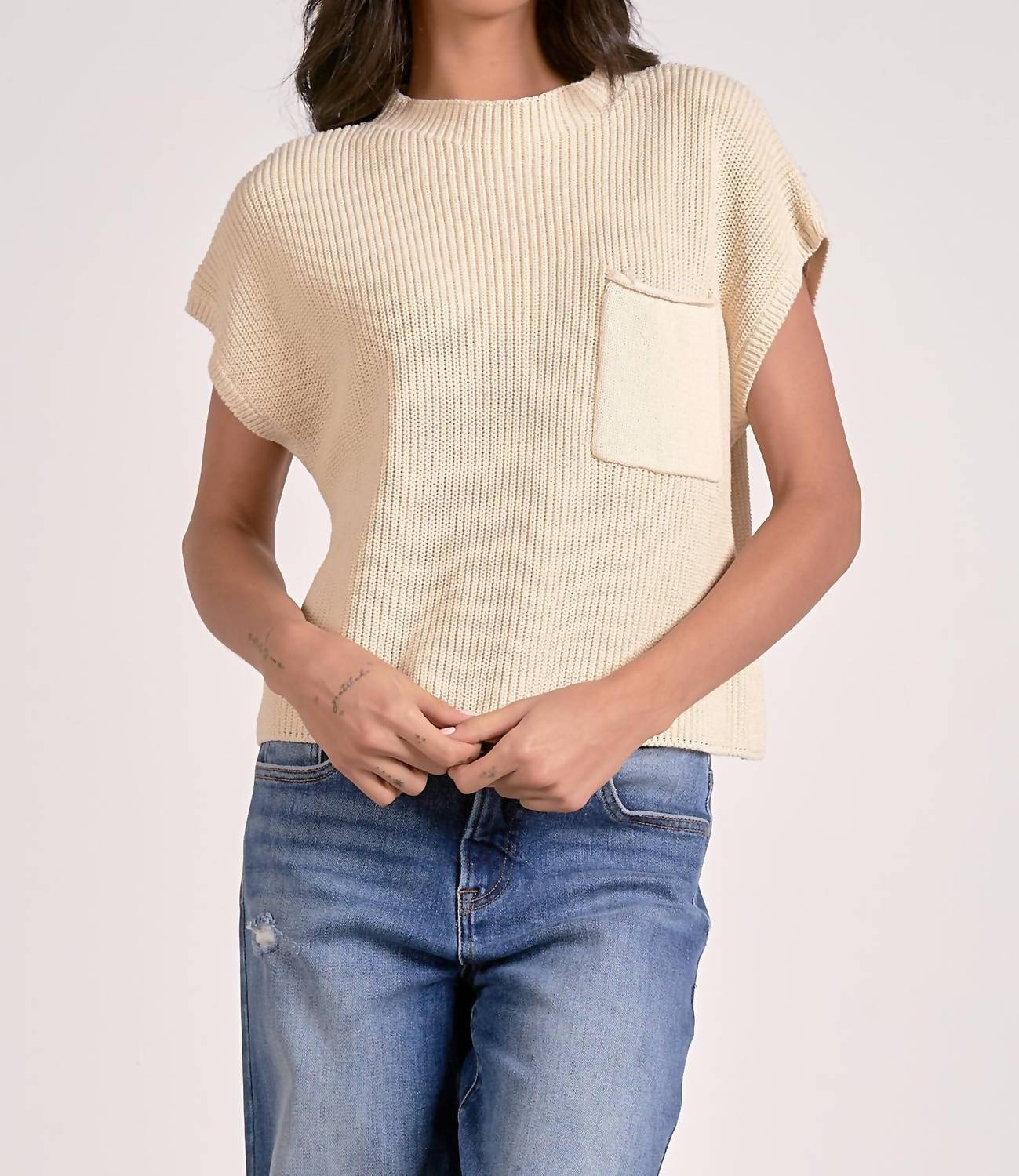 Elan - Sweater Cap Sleeve Crew Neck Top