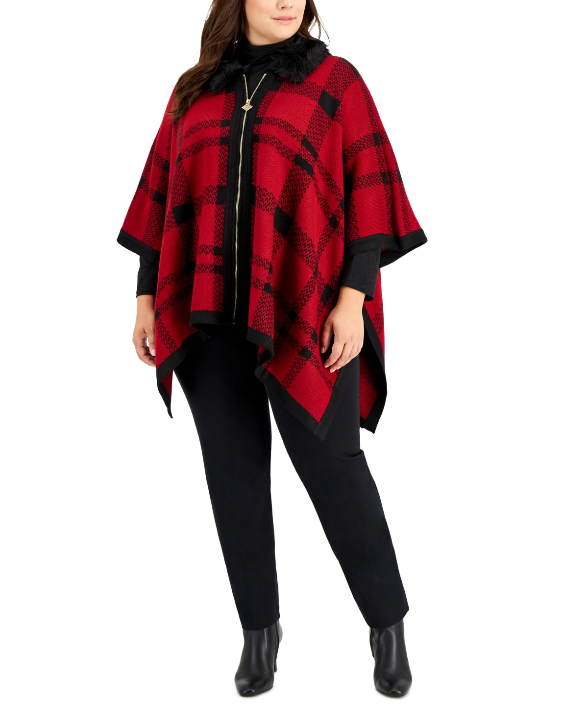 Anne Klein Plus Size Faux Fur Trim Plaid Zip-Up Poncho Top