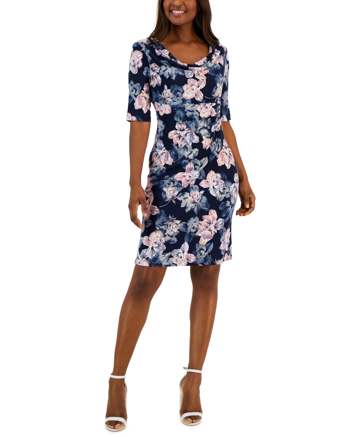 floral-print-elbow-sleeve-sheath-dress