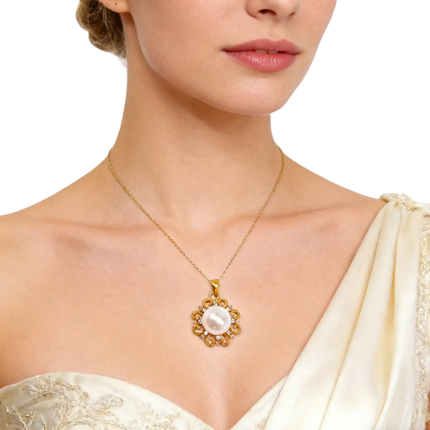 24k Gold Sun and Pearl Floral Pendant Necklace