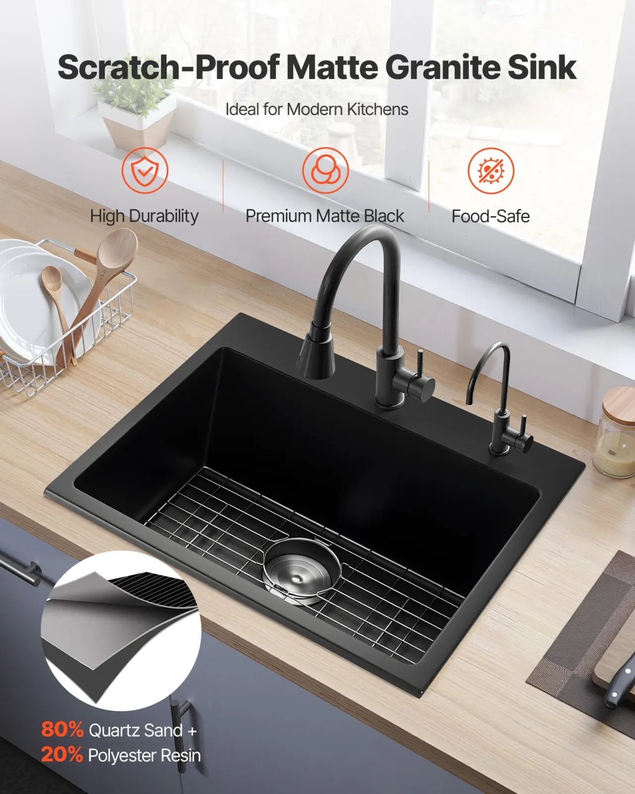 25 Inch Granite Kitchen Sink Single Bowl Drop-in Basin