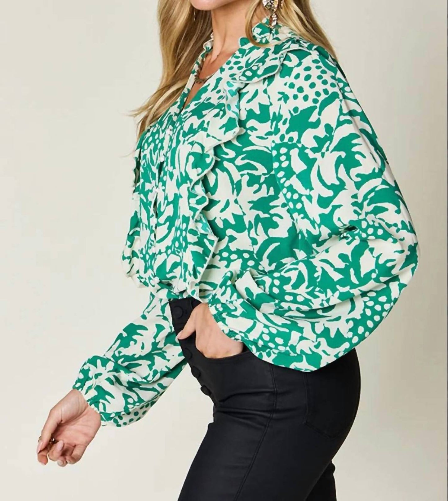 Double Take - Full Size Printed Ruffle Trim Balloon Sleeve Shirt