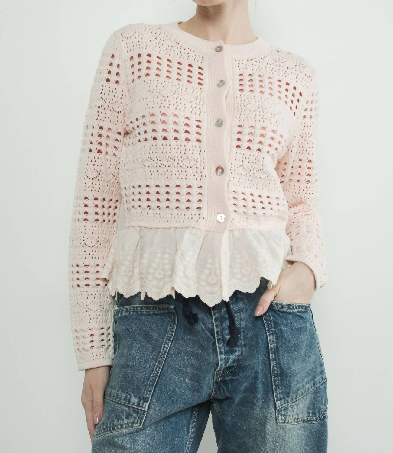 Aaron & Amber - Lace Bottom Pointelle Knit Cardigan