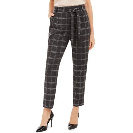 Calvin Klein Women s Plaid Tie Waist Slim Fit Pants Silver Size 8