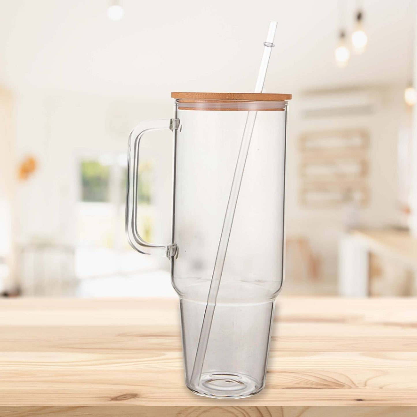 Creative Gifts International - Glass 40 oz. Tumbler with Bamboo Lid, Handle & Straw