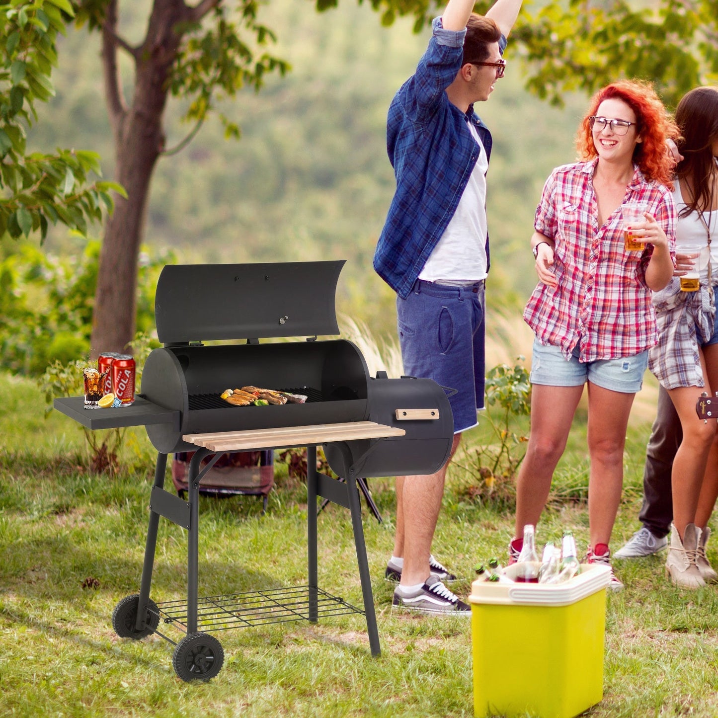 आउटसनी 48' स्टील पोर्टेबल बैकयार्ड चारकोल BBQ ग्रिल और ऑफसेट स्मोकर कॉम्बो