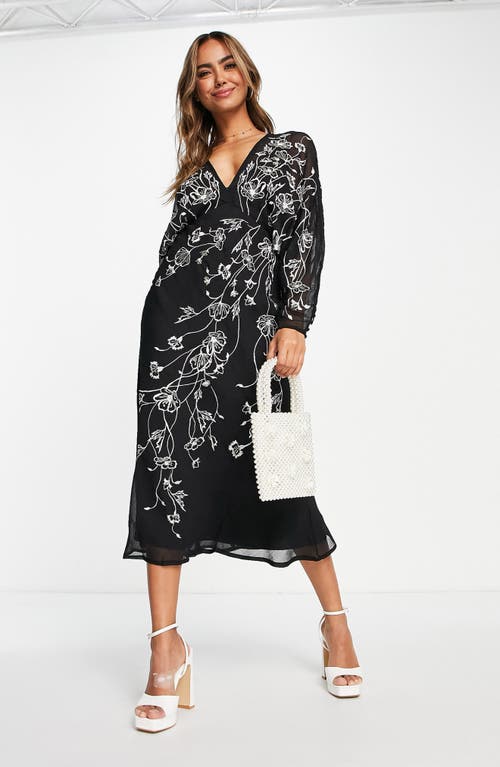 ASOS डिज़ाइन ब्लैक में फ्लोरल एम्ब्रॉयडर्ड बैटविंग लॉन्ग स्लीव ड्रेस, साइज़ 2 यूएस