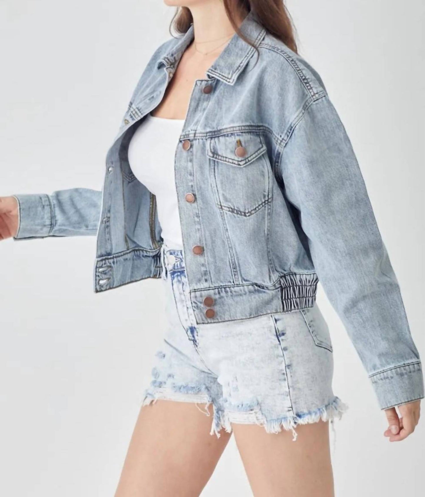 Risen - Full Size Button Down Cropped Denim Jacket