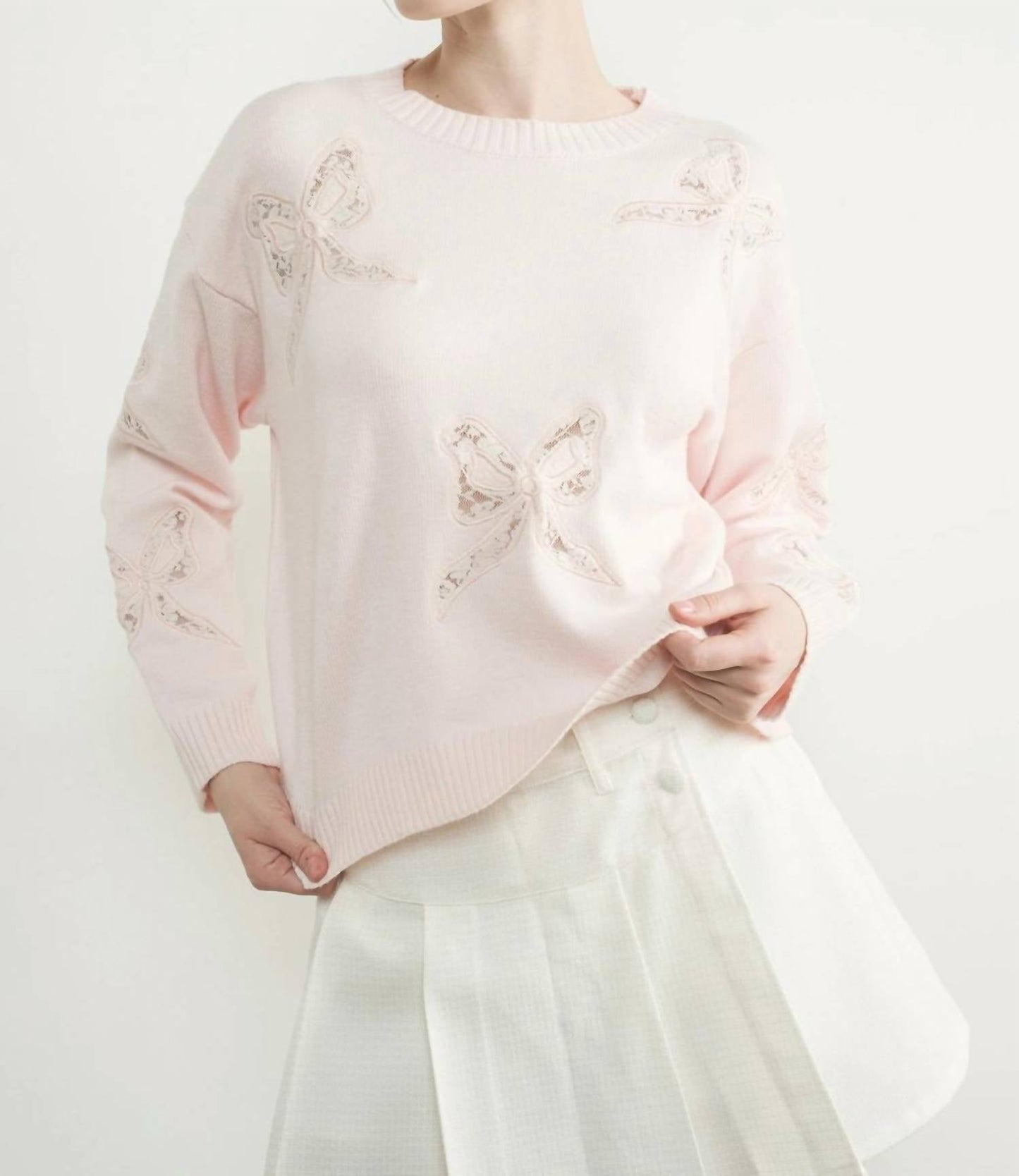 Aaron & Amber - Lace Embroidered Round Neck Bow Sweater