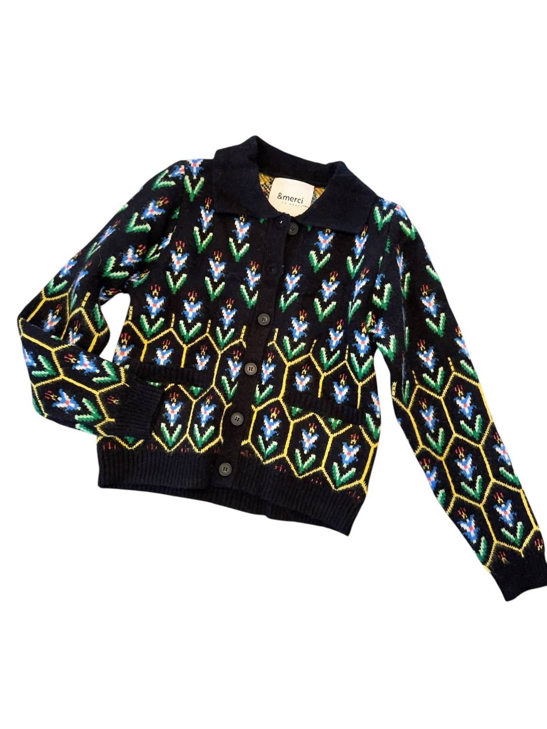&Merci - Floral Knit Collared Sweater Cardigan