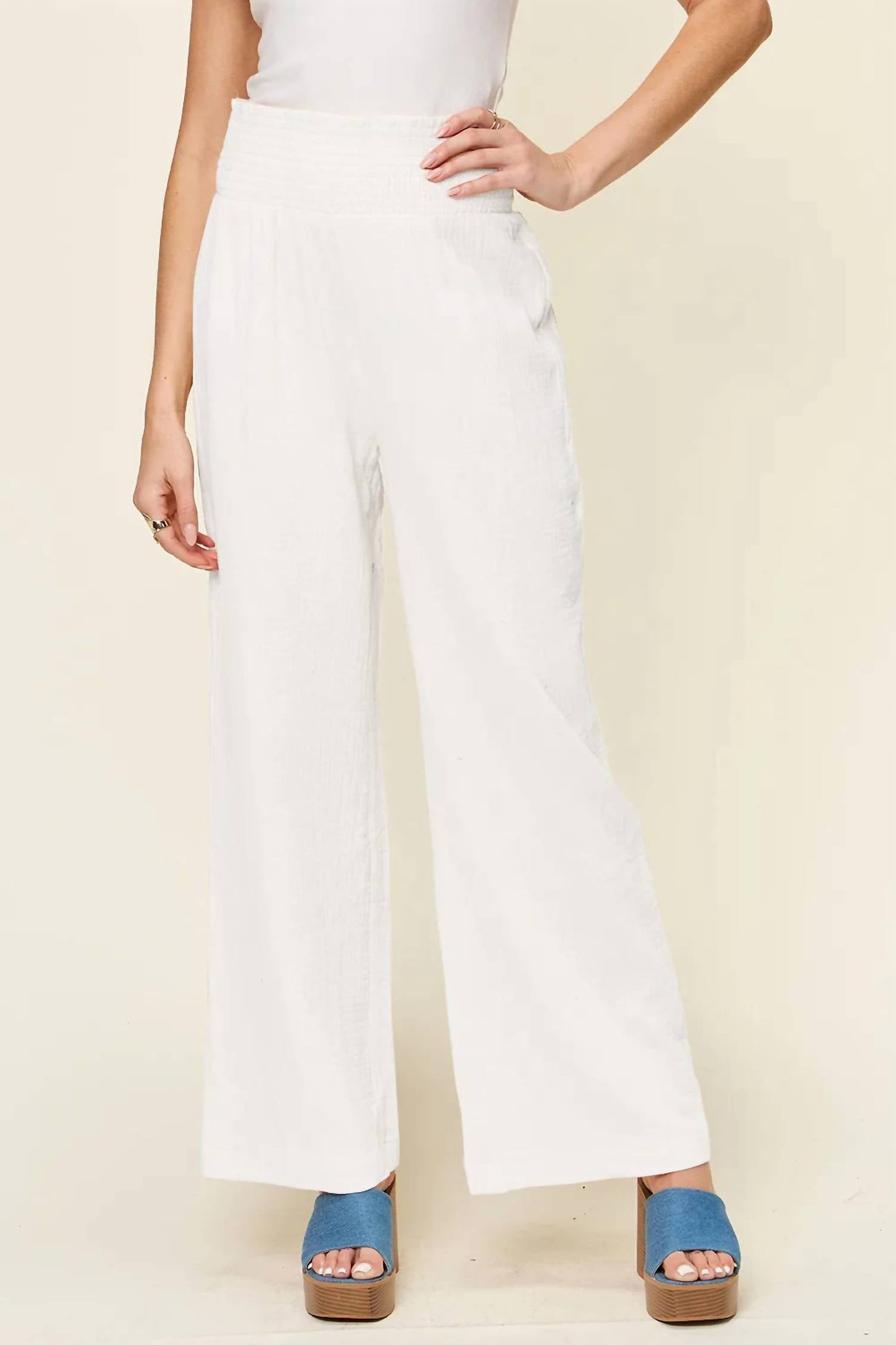 Double Take - Women's Full Size Texture Smocked Waist Wide Leg Pants