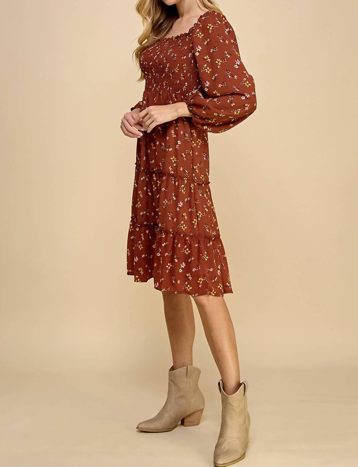 A.U.W. - Tiered Floral Dress With Smocking Long Sleeve