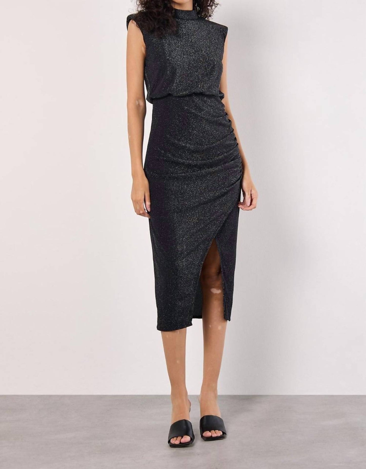 Apricot - Sparkle Mock Neck Ruched Dress