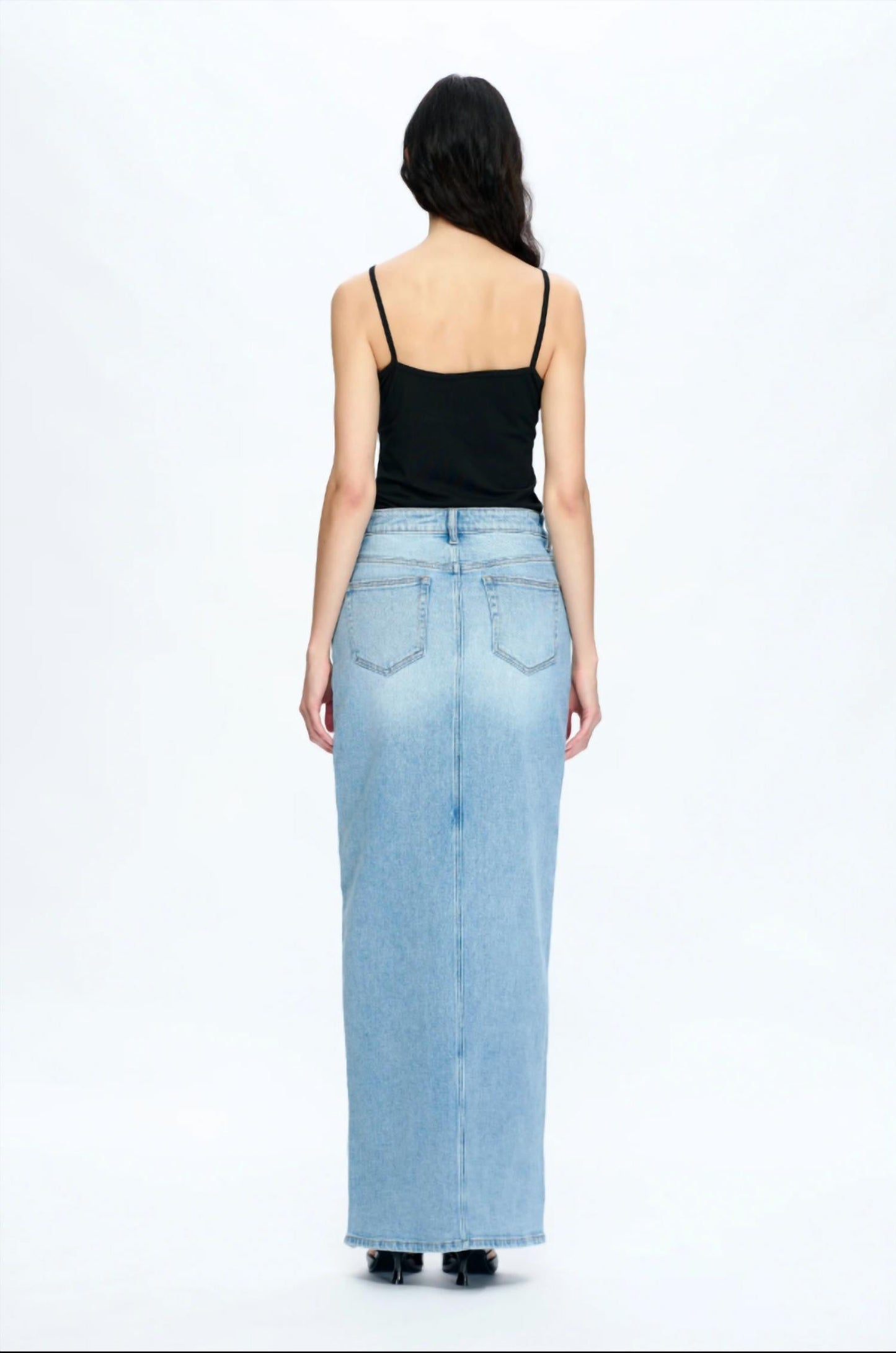 Bayeas - Lauren Mid Rise Slit Denim Maxi Skirt