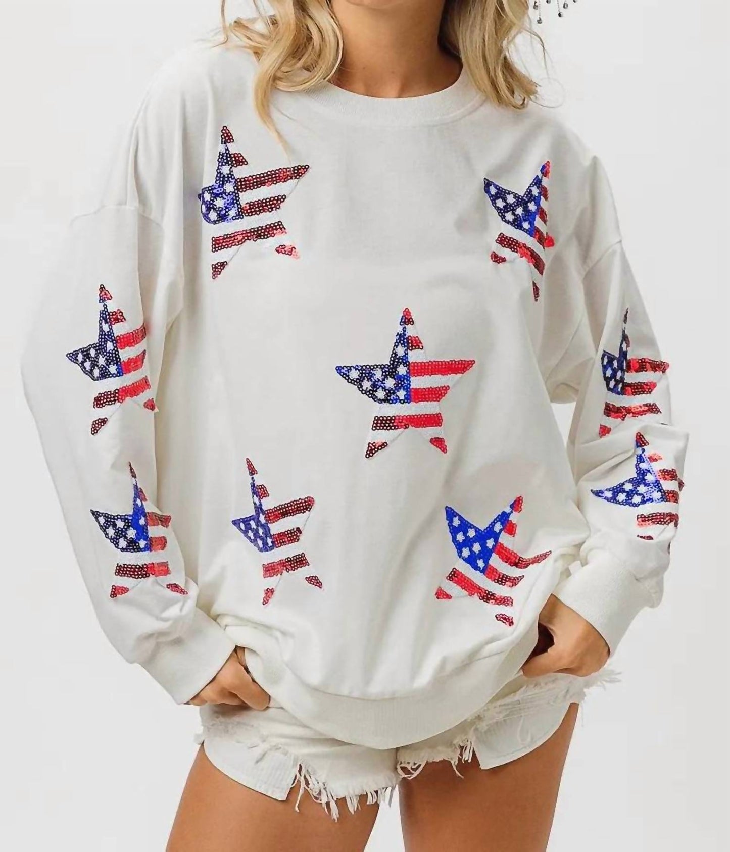 Trendsi - BiBi American Flag Sequin Star Sweatshirt