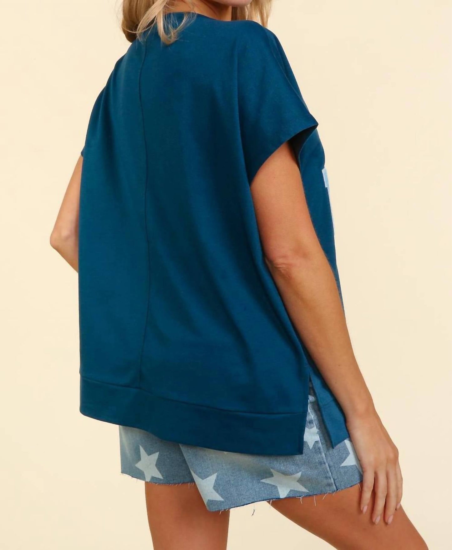 Haptics - Notched Neck Dolman Embossed Star & Stripe Usa Patch Top