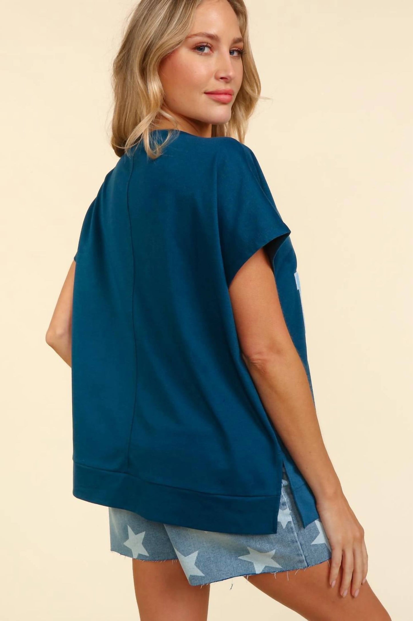 Haptics - Notched Neck Dolman Embossed Star & Stripe Usa Patch Top