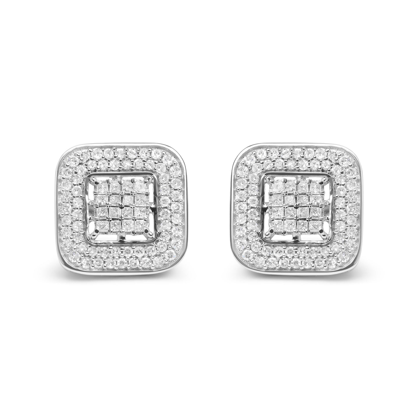 10K White Gold 1.0 Cttw Round and Princess Cut Diamond Composite Open Halo Stud Earrings (H-I Color, SI1-SI2 Clarity)