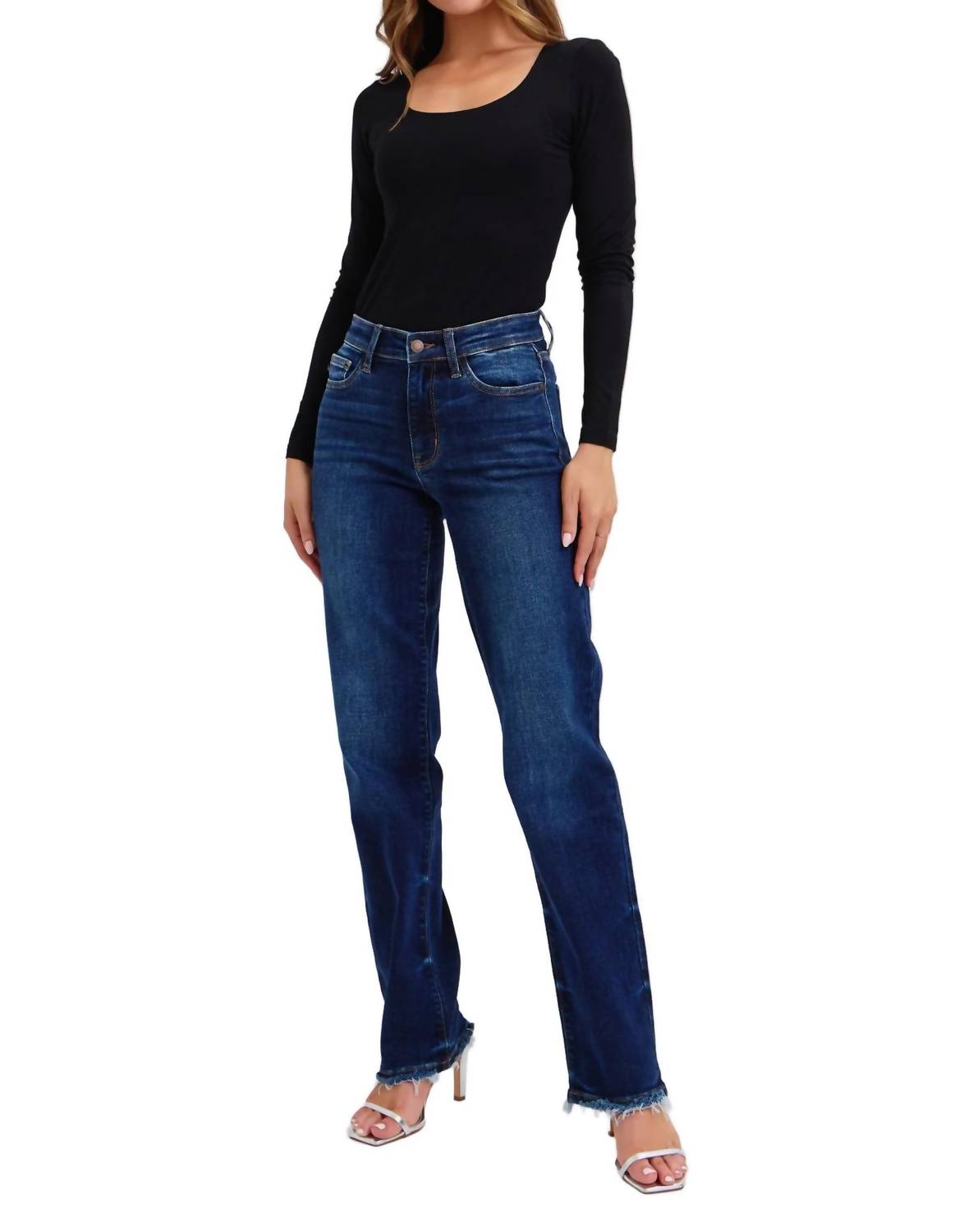 Judy Blue - Selena Mid Rise Straight Leg Jeans With Fray Hem
