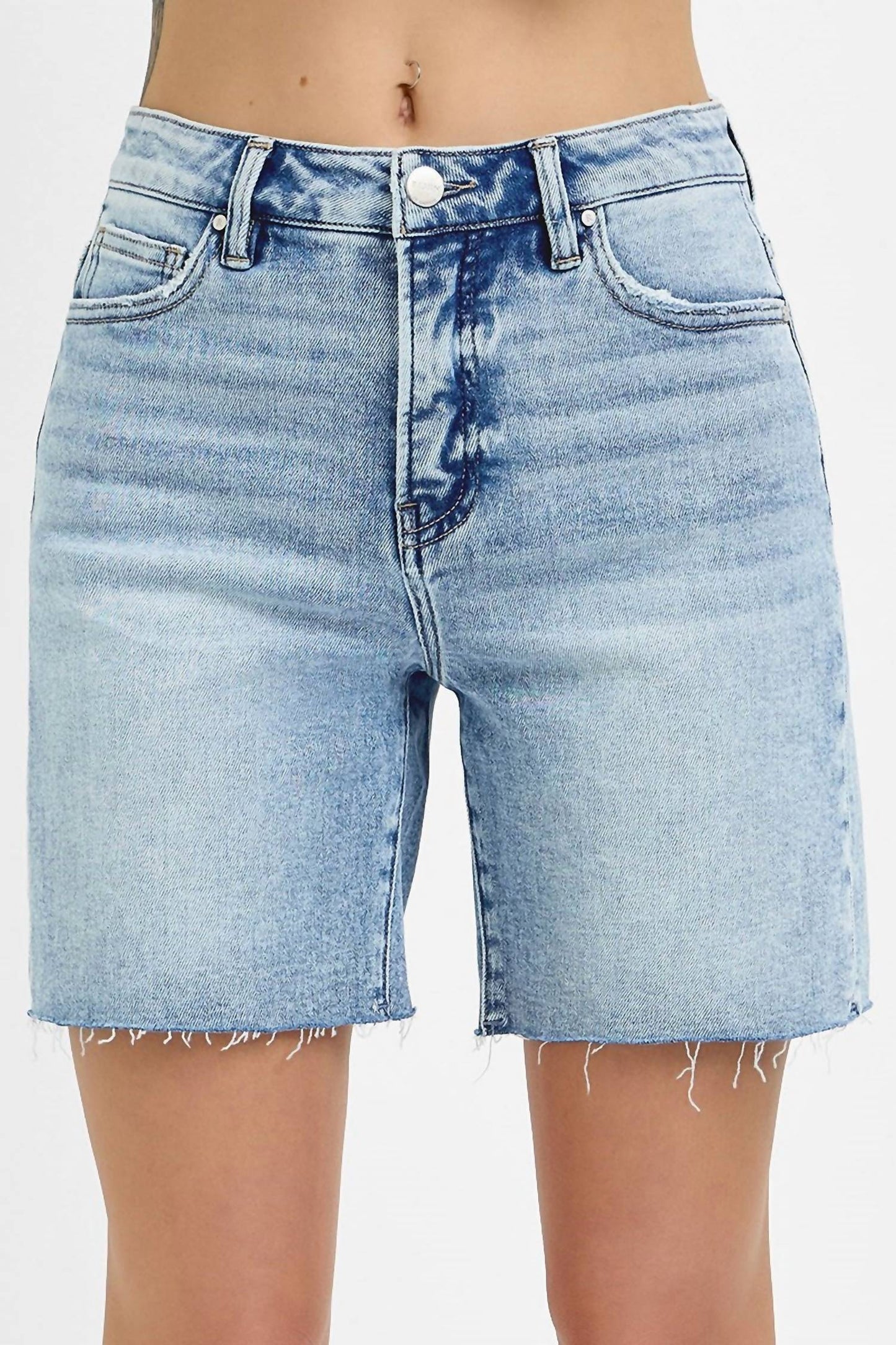 Risen - Curvy Tummy Control High Rise Mid Length Raw Cut Hem Shorts
