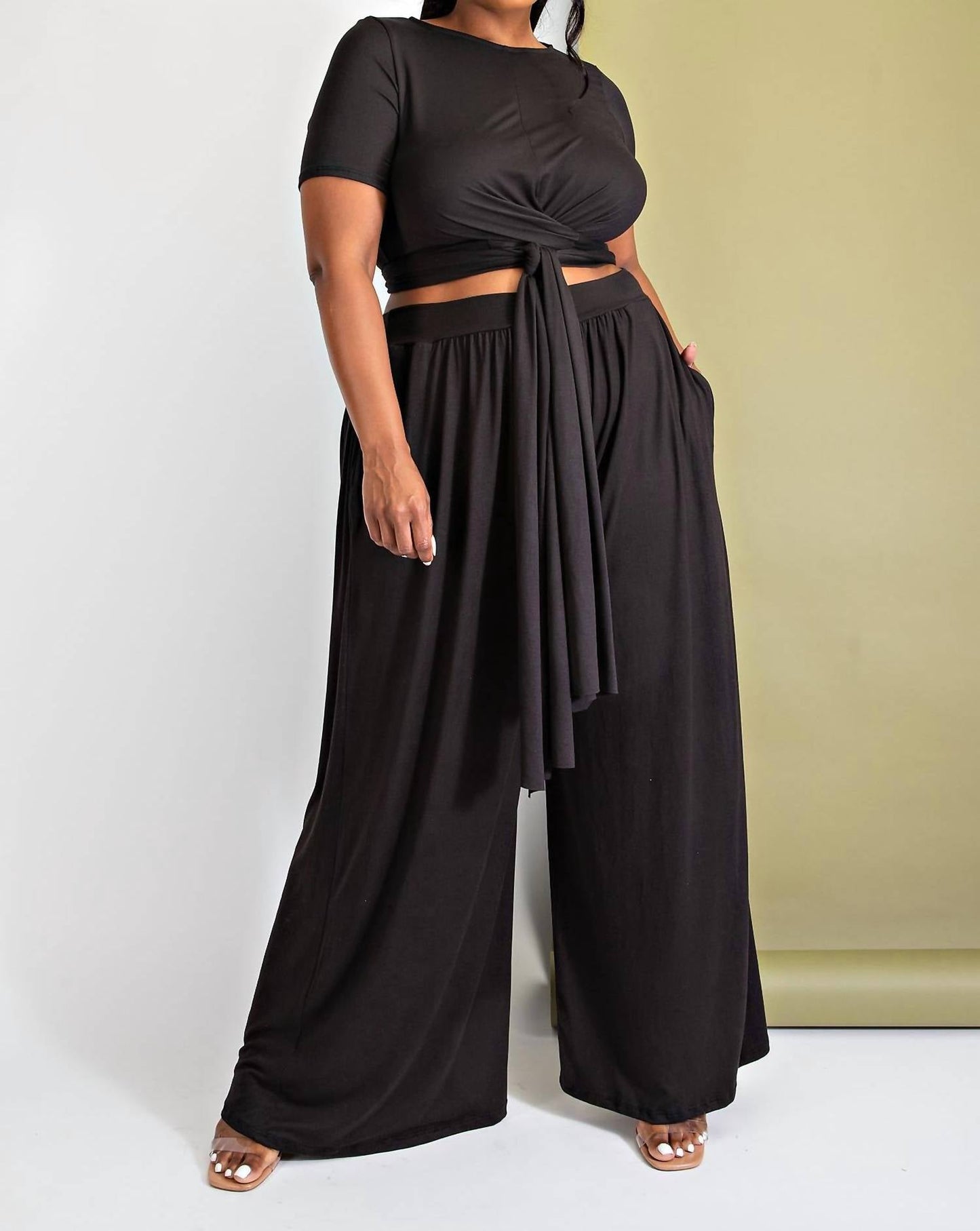 The Curve La - Plus Size Wrap Around Short Sleeve Top And Pants Set