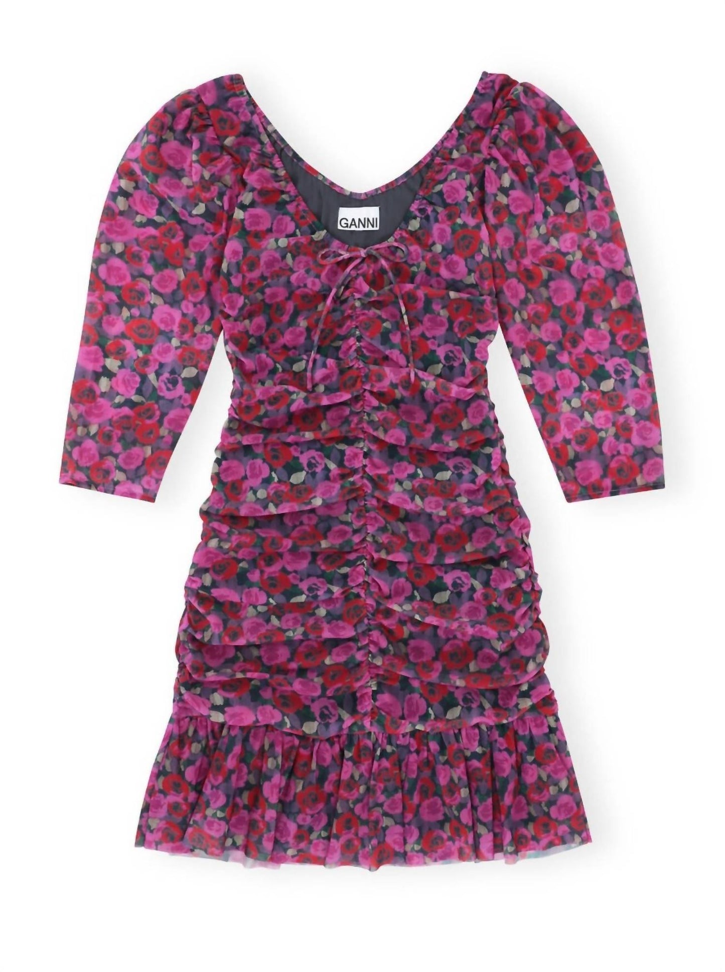 Ganni - Floral Mesh Flounce Ruched Mini Dress