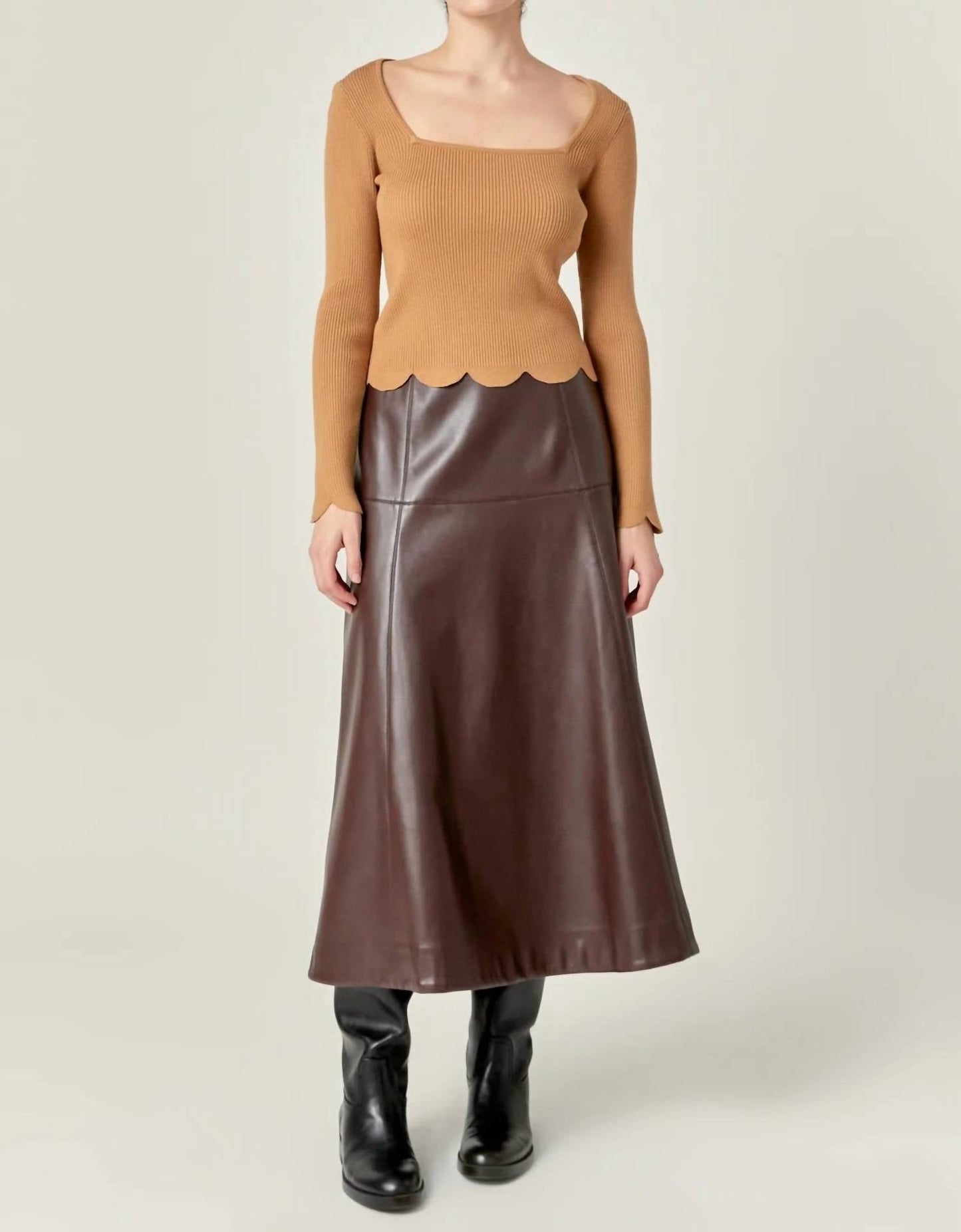 2.7 August Apparel - Faux Leather High Waisted Midi Skirt