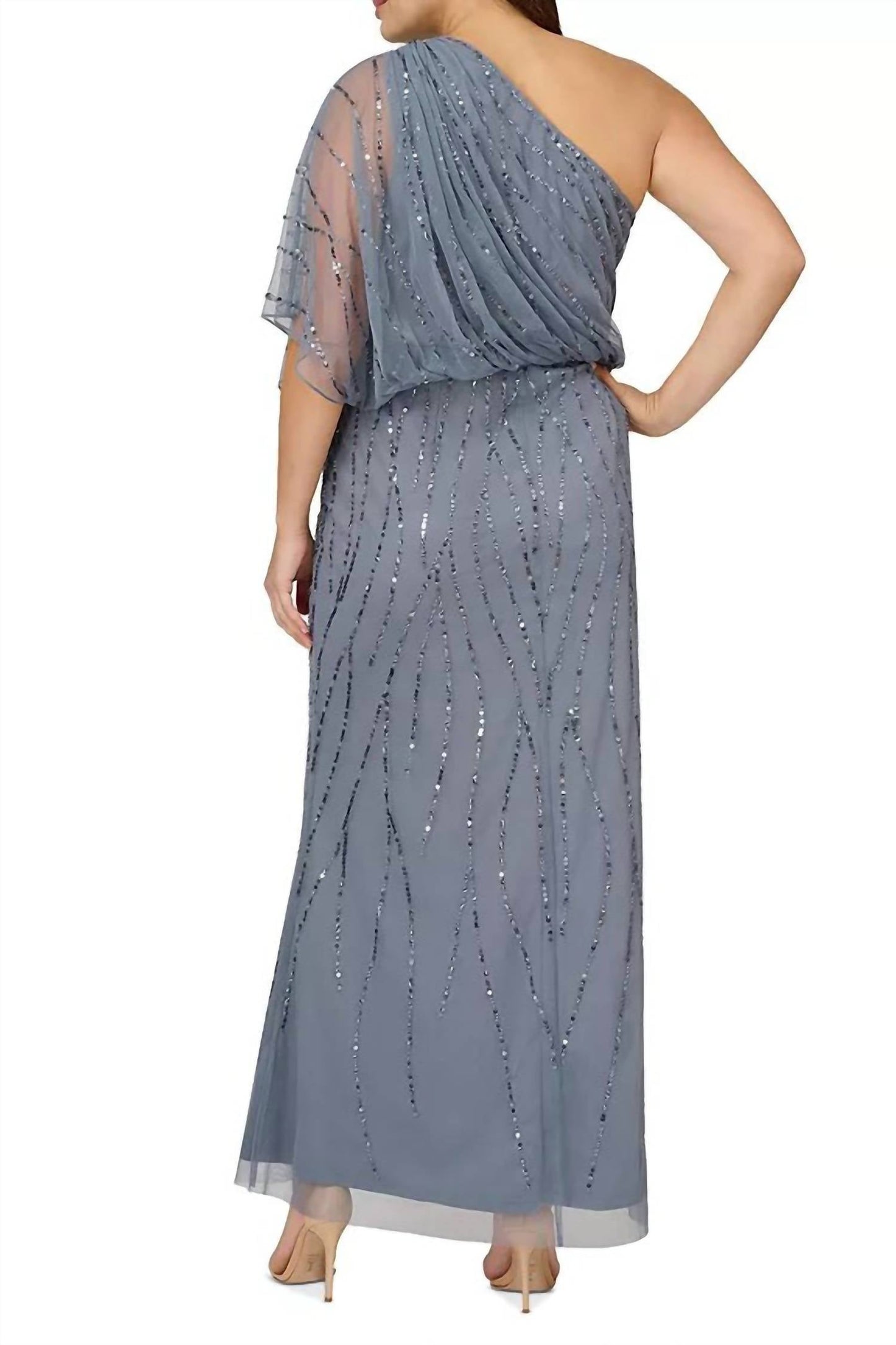 Adrianna Papell - Sequin One Shoulder Illusion Sleeve Blouson Gown - Plus